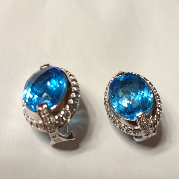 Hold For Sara- Blue Topaz earrings 14kt white gold, channel set diamonds, French - Picture 3 of 9